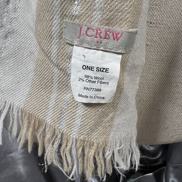 J. Crew Lambswool Plaid Scarf Preppy Beige Tan Silver Fall Winter Fringe 76"x20" - Picture 3 of 13
